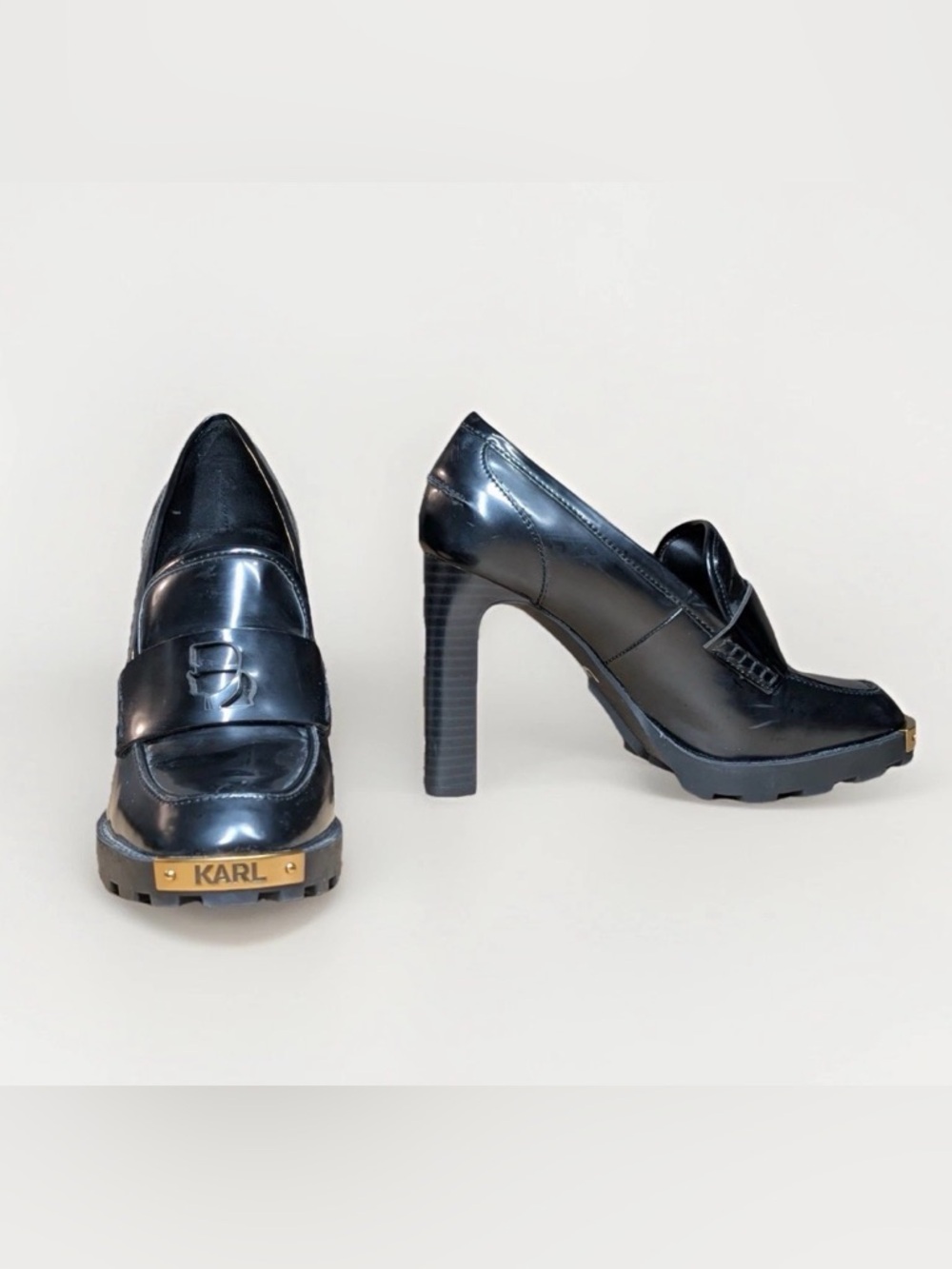 Karl Lagerfield Women's High Heel Pumps Loafers Chunky Black & Gold Logo Sz 8.5M - Picture 2 of 11